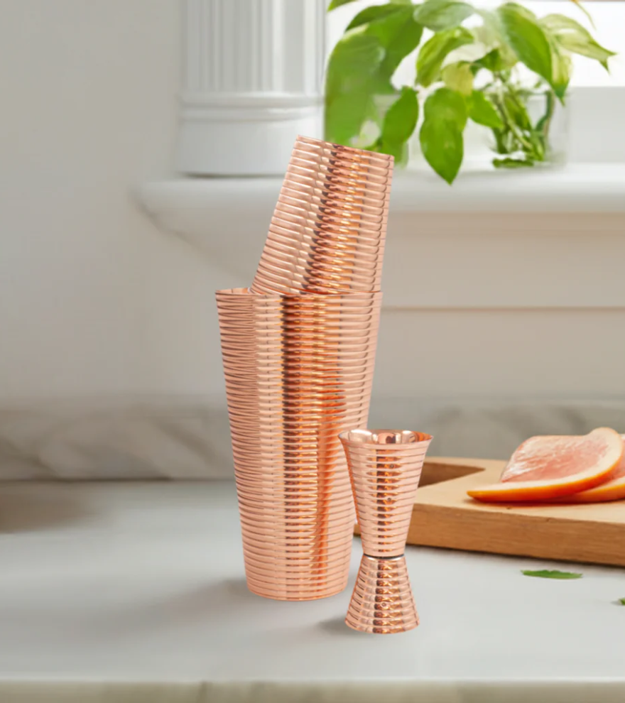 Fluted Copper 3 Piece Cocktail Shaker Set